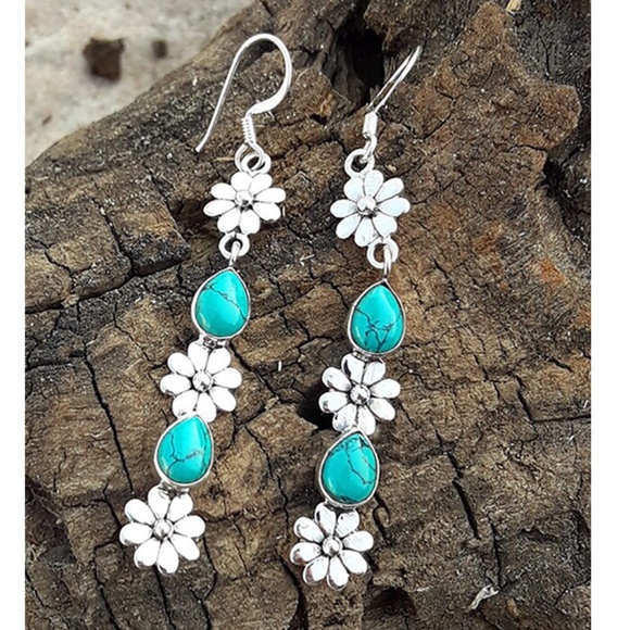 Boho Silver Tone Floral Turquoise Drop Long Earrings - Picture 2 of 2